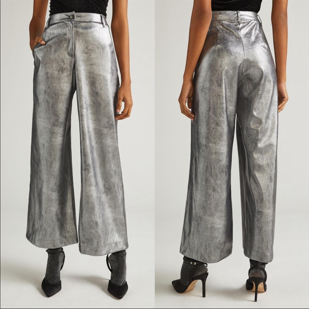 Anthropologie Amadi Metallic Faux Leather Cropped Wide-Leg Pants size S Small